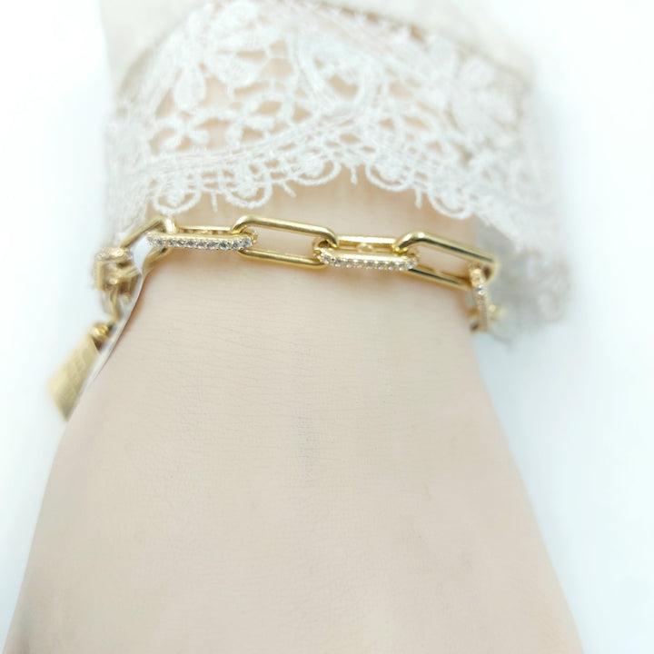 Zircon Studded Lock Bracelet Made of 18K Gold by Saeed Jewelry 
