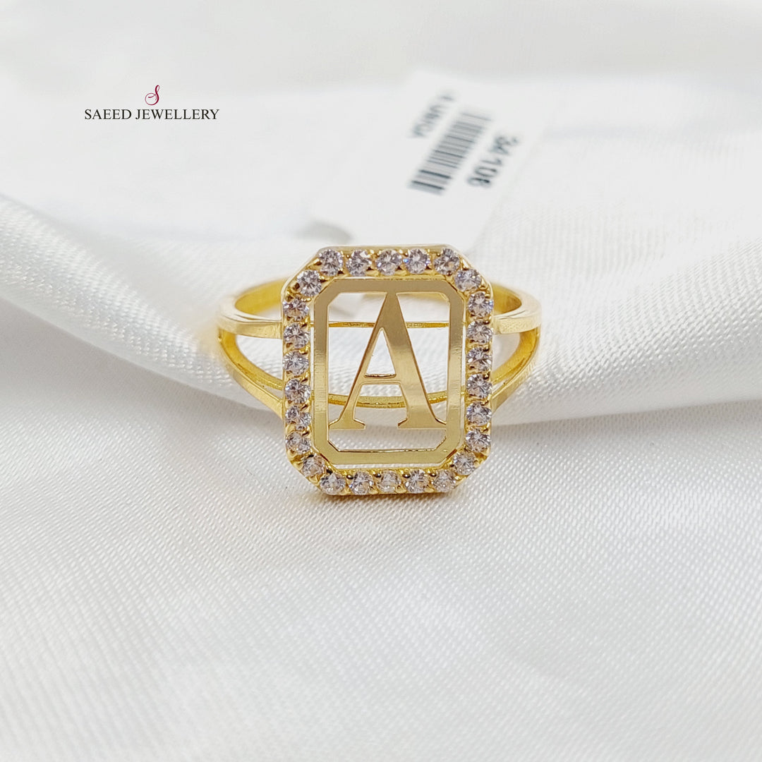 Zircon Studded A Letter Ring Made of 18K Gold by Saeed Jewelry 