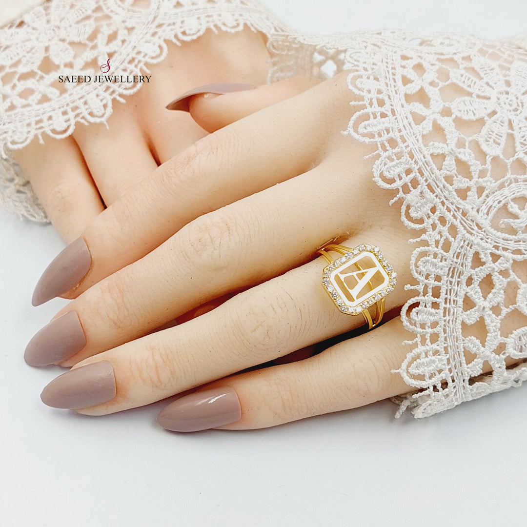 Zircon Studded A Letter Ring Made of 18K Gold by Saeed Jewelry 