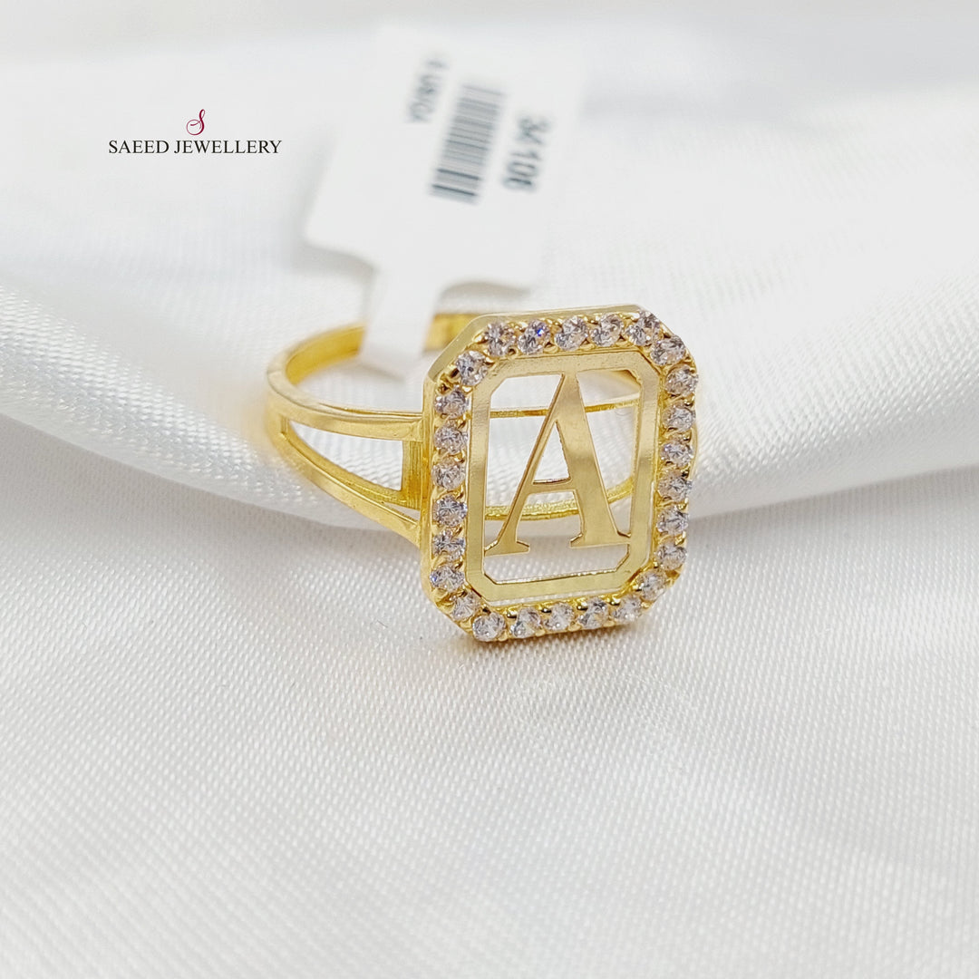 Zircon Studded A Letter Ring Made of 18K Gold by Saeed Jewelry 