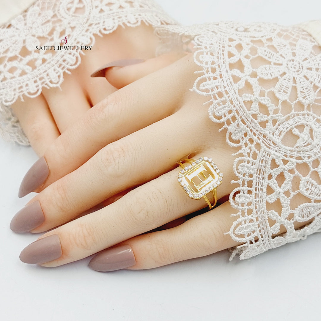 Zircon Studded H Letter Ring Made of 18K Gold by Saeed Jewelry 