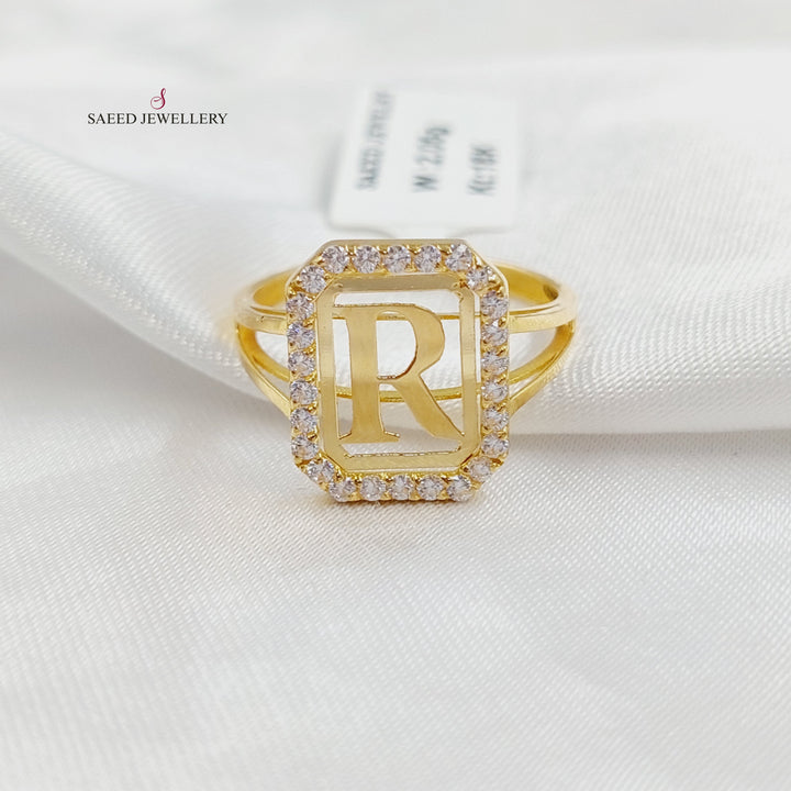 Zircon Studded R Letter Ring Made of 18K Gold by Saeed Jewelry 