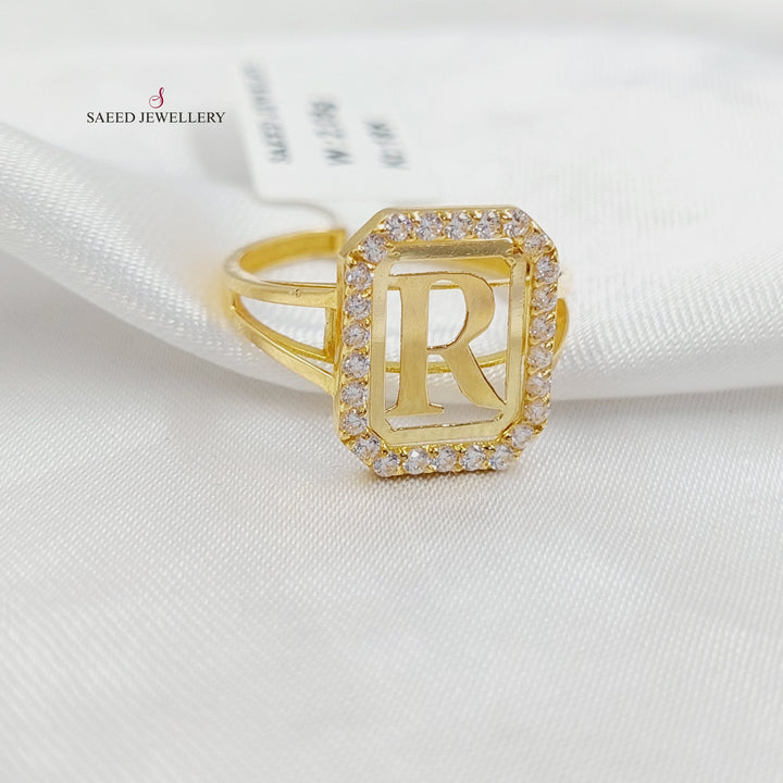 Zircon Studded R Letter Ring Made of 18K Gold by Saeed Jewelry 
