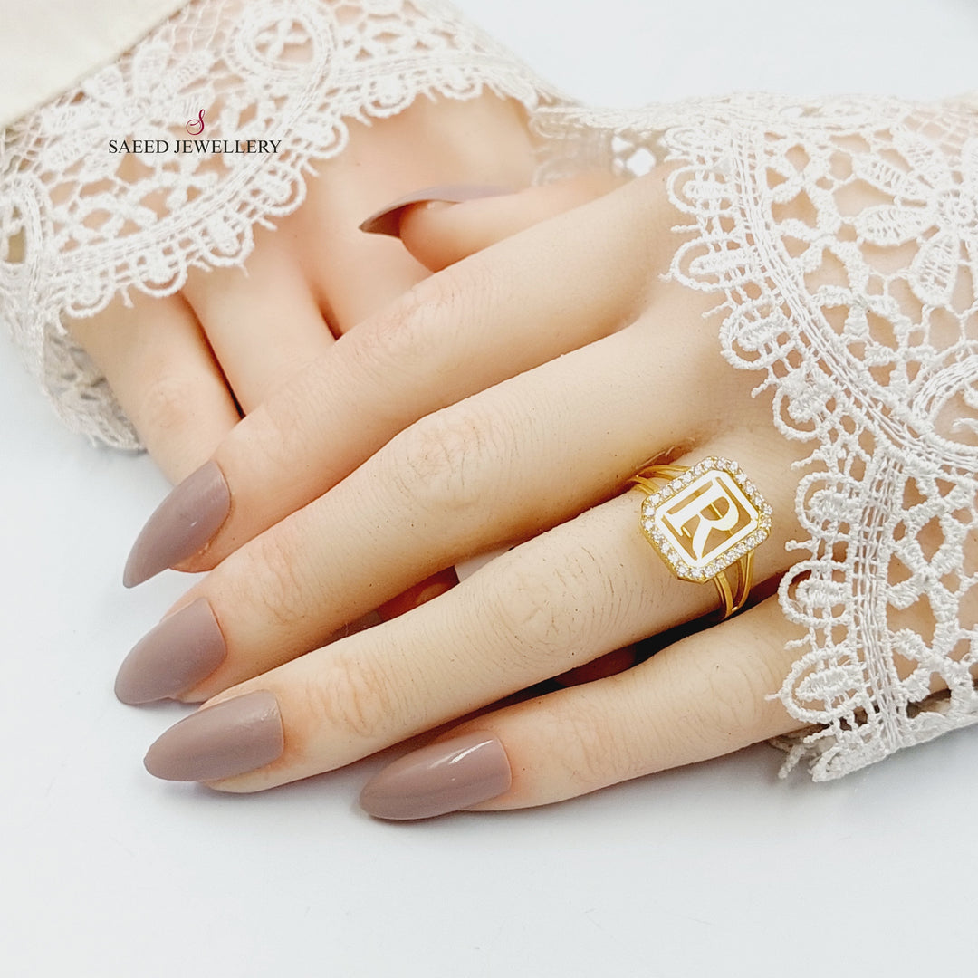 Zircon Studded R Letter Ring Made of 18K Gold by Saeed Jewelry 