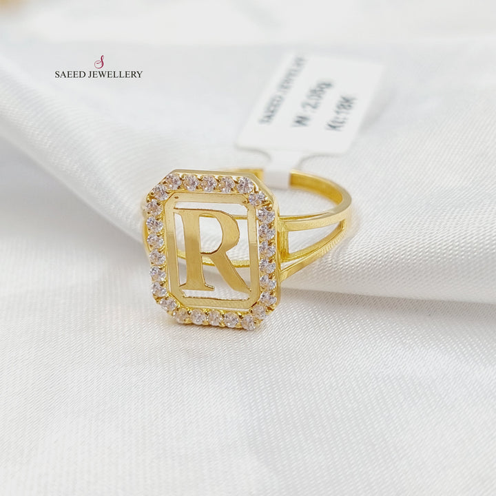 Zircon Studded R Letter Ring Made of 18K Gold by Saeed Jewelry 