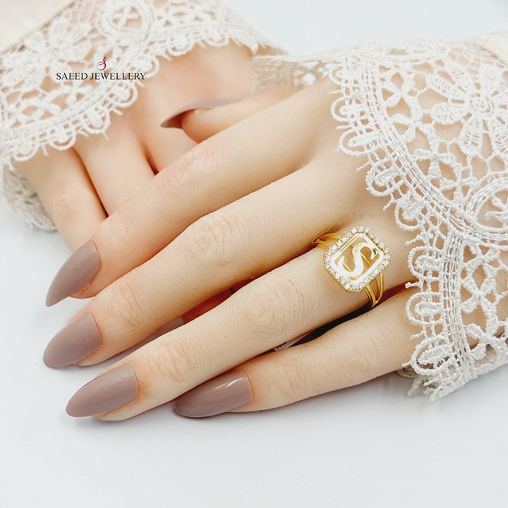 Zircon Studded S Letter Ring Made of 18K Gold by Saeed Jewelry 