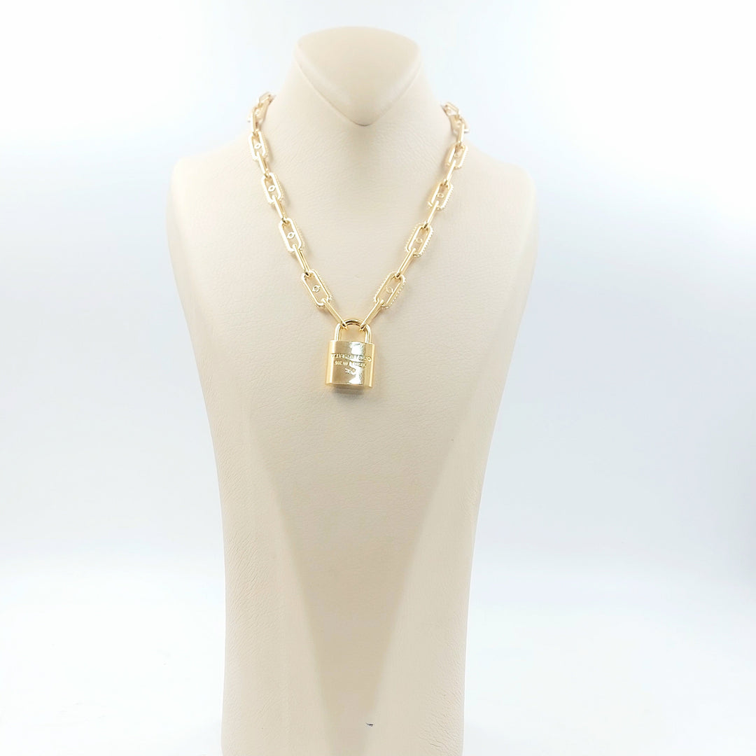 Zircon Studded Lock Necklace Made of 18K Gold by Saeed Jewelry 