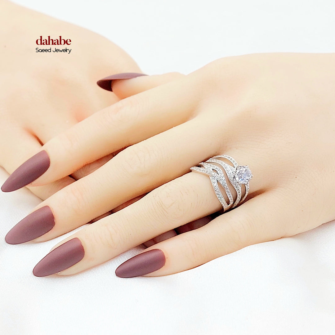 Zircon Studded Twins Wedding Ring Made of 18K Gold by Saeed Jewelry 