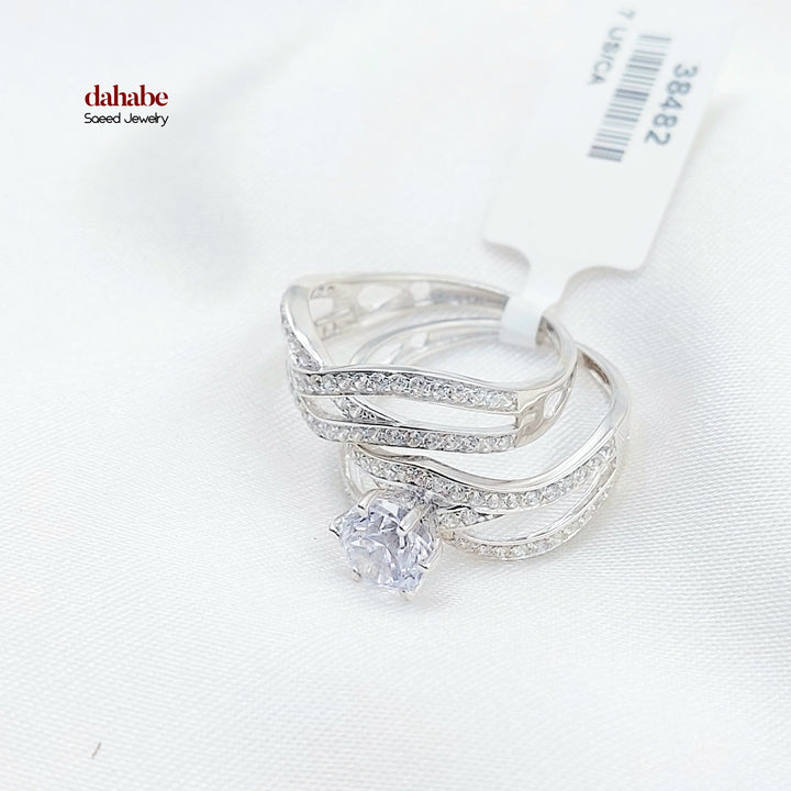 Zircon Studded Twins Wedding Ring Made of 18K Gold by Saeed Jewelry 