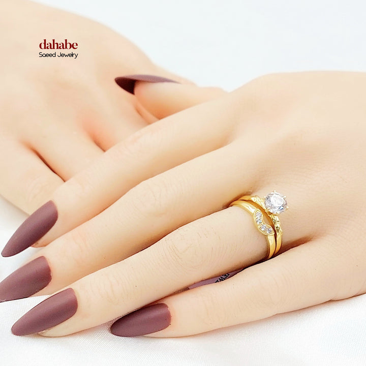 Zircon Studded Twins Wedding Ring Made of 18K Gold by Saeed Jewelry 