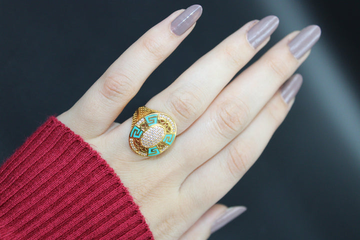 21K Gold Turquoise Greek Key Ring