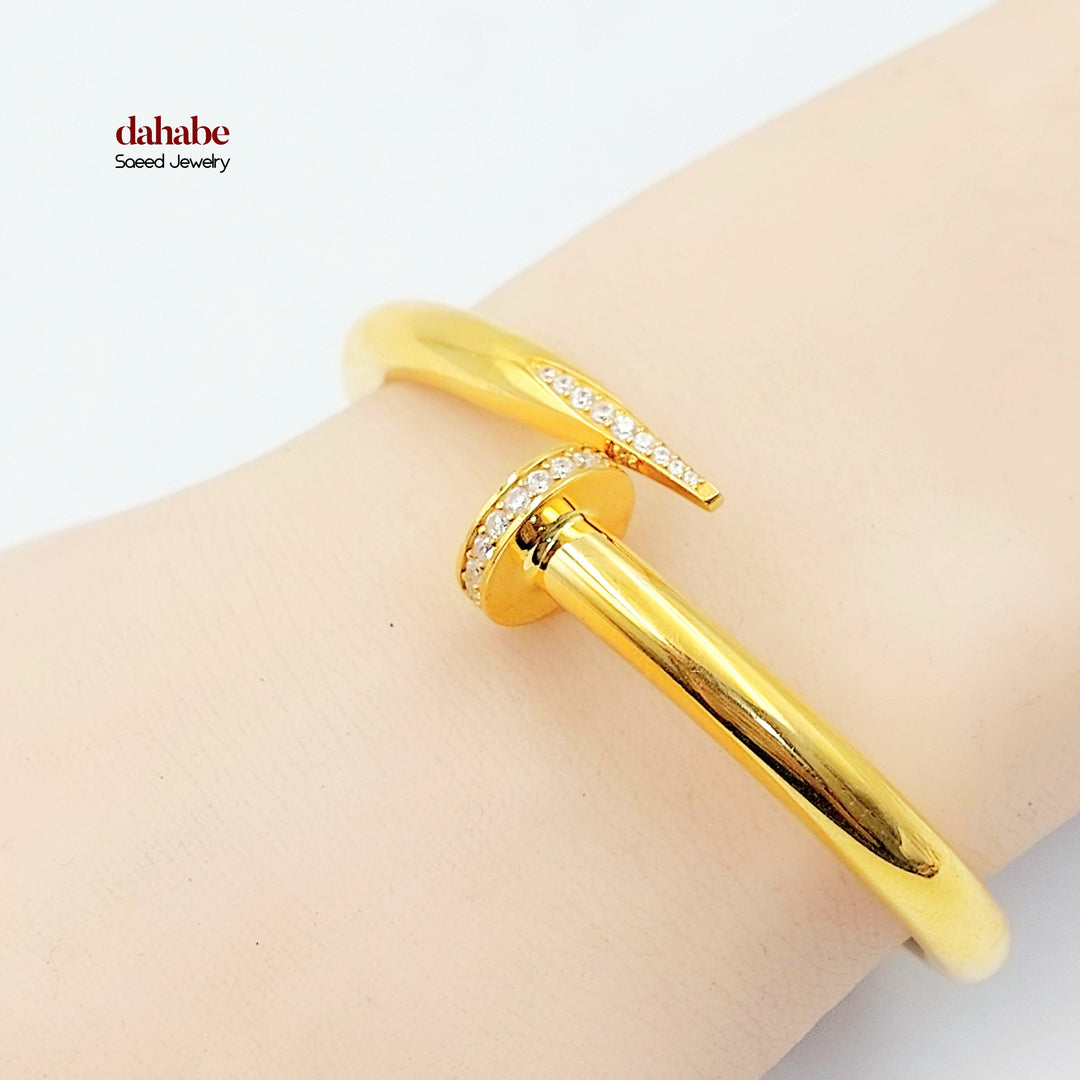 Zircon Studded Nail Bangle Bracelet Made of 21K Gold by Saeed Jewelry 