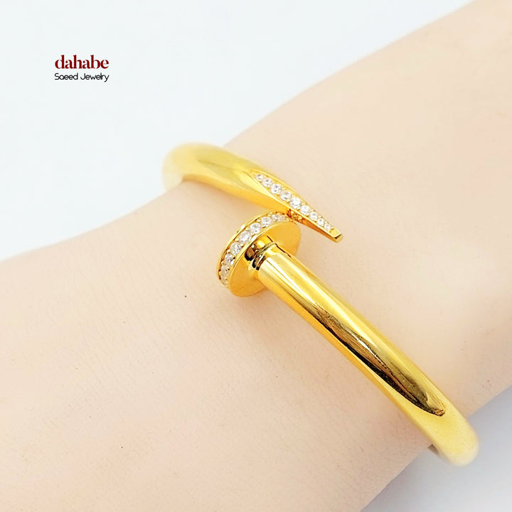 Zircon Studded Nail Bangle Bracelet Made of 21K Gold by Saeed Jewelry 