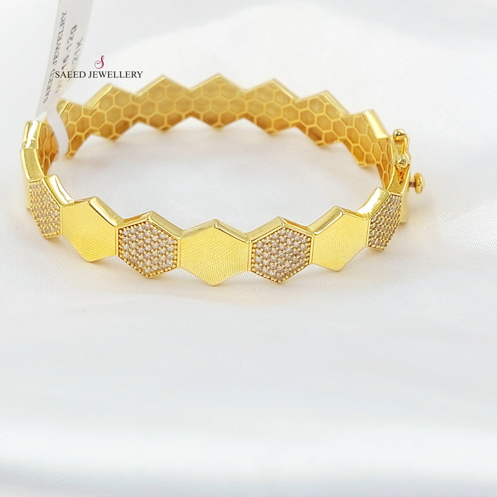 Zircon Studded Beehive Bangle Bracelet Made of 21K Gold by Saeed Jewelry 