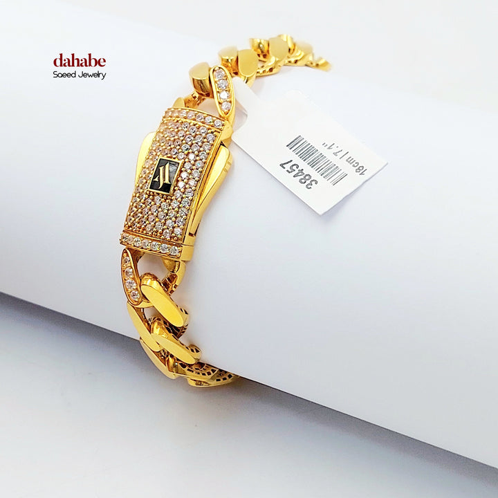 Zircon Studded Cuban Links Bracelet Made of 21K Gold by Saeed Jewelry 