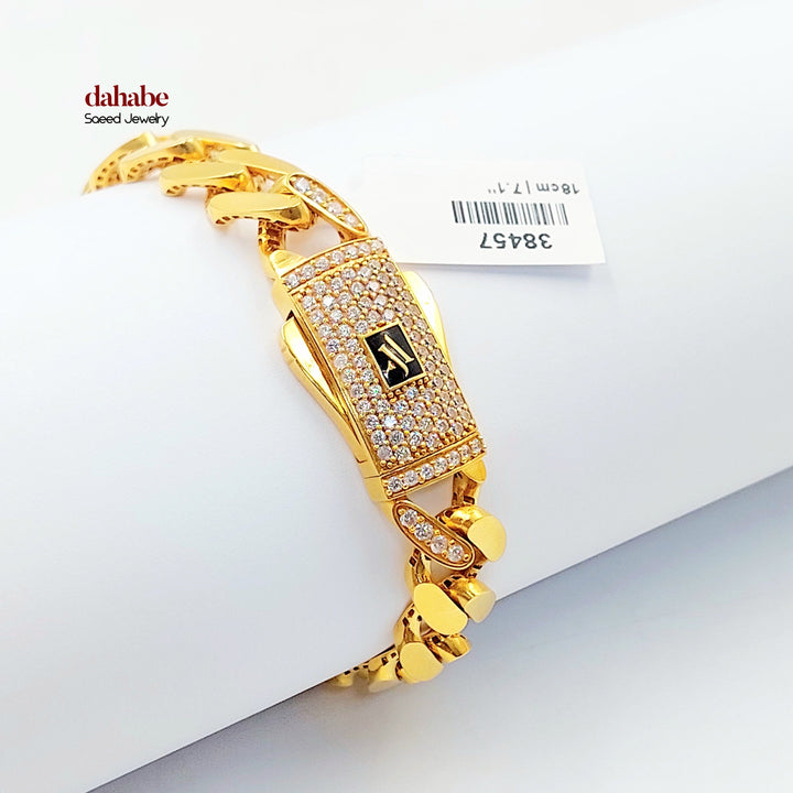 Zircon Studded Cuban Links Bracelet Made of 21K Gold by Saeed Jewelry 