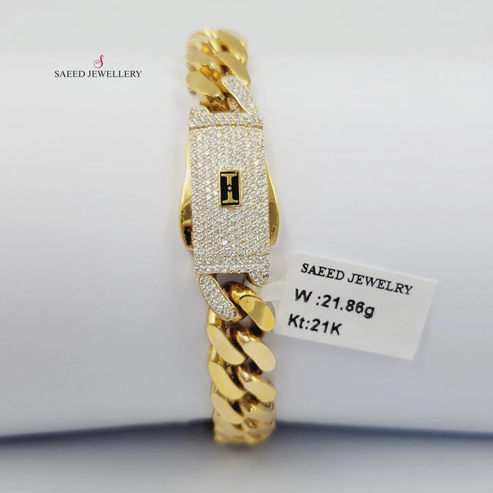 Zircon Studded Cuban Links Bracelet Made of 21K Gold by Saeed Jewelry 