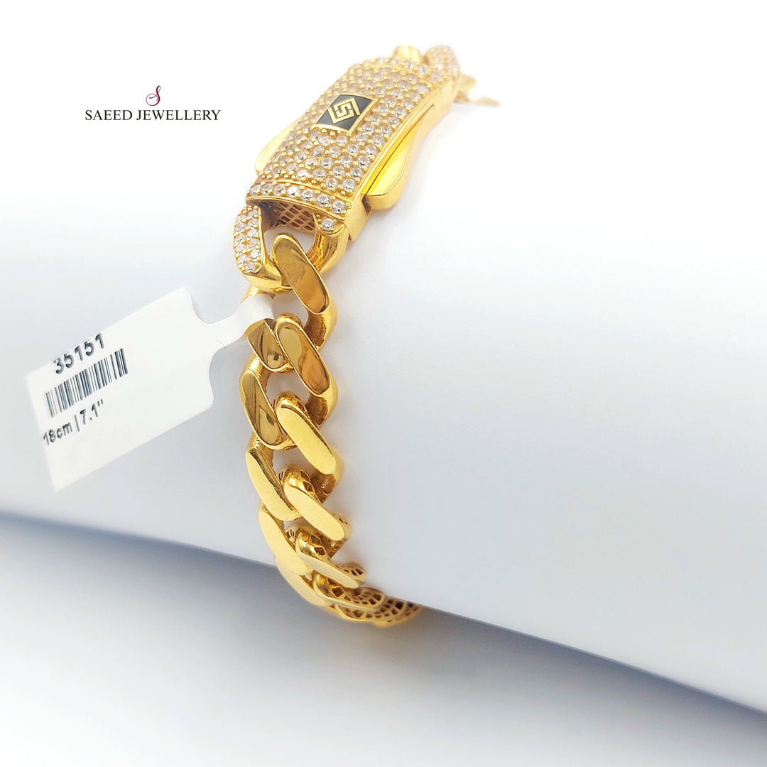 Zircon Studded Cuban Links Bracelet Made of 21K Gold by Saeed Jewelry 