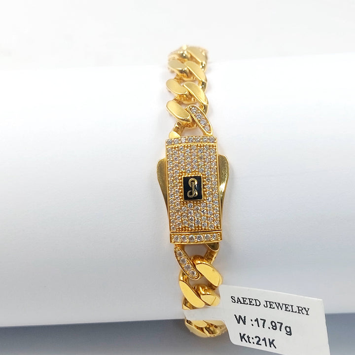 Zircon Studded Cuban Links Bracelet Made of 21K Gold by Saeed Jewelry 
