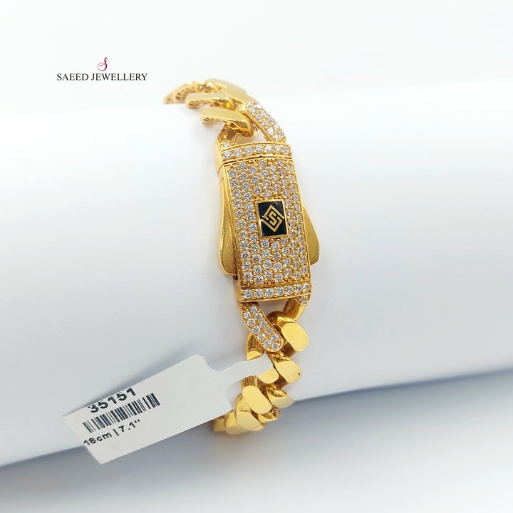 Zircon Studded Cuban Links Bracelet Made of 21K Gold by Saeed Jewelry 
