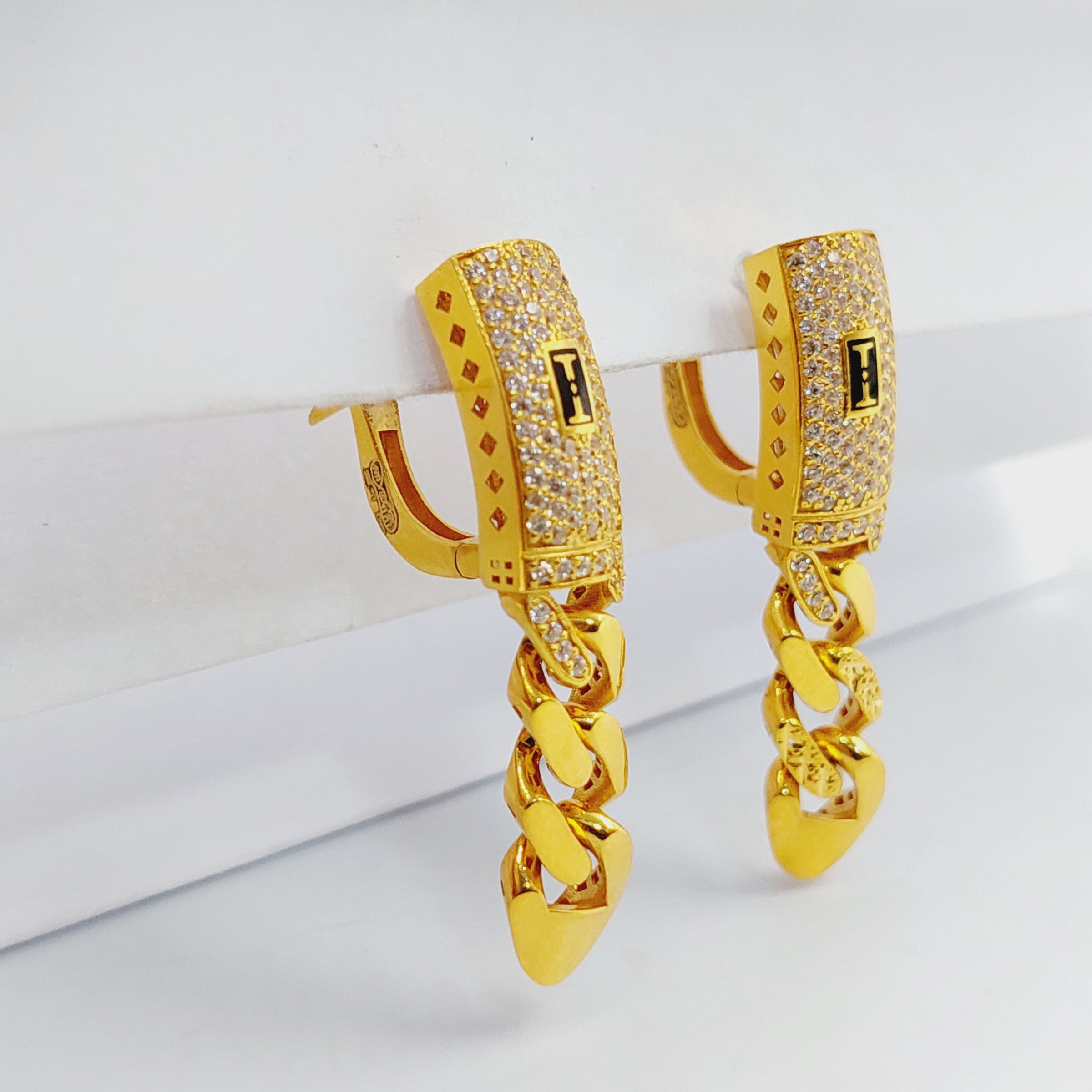 21K Gold Zircon Studded Cuban Links Earrings by Saeed Jewelry - Image 4