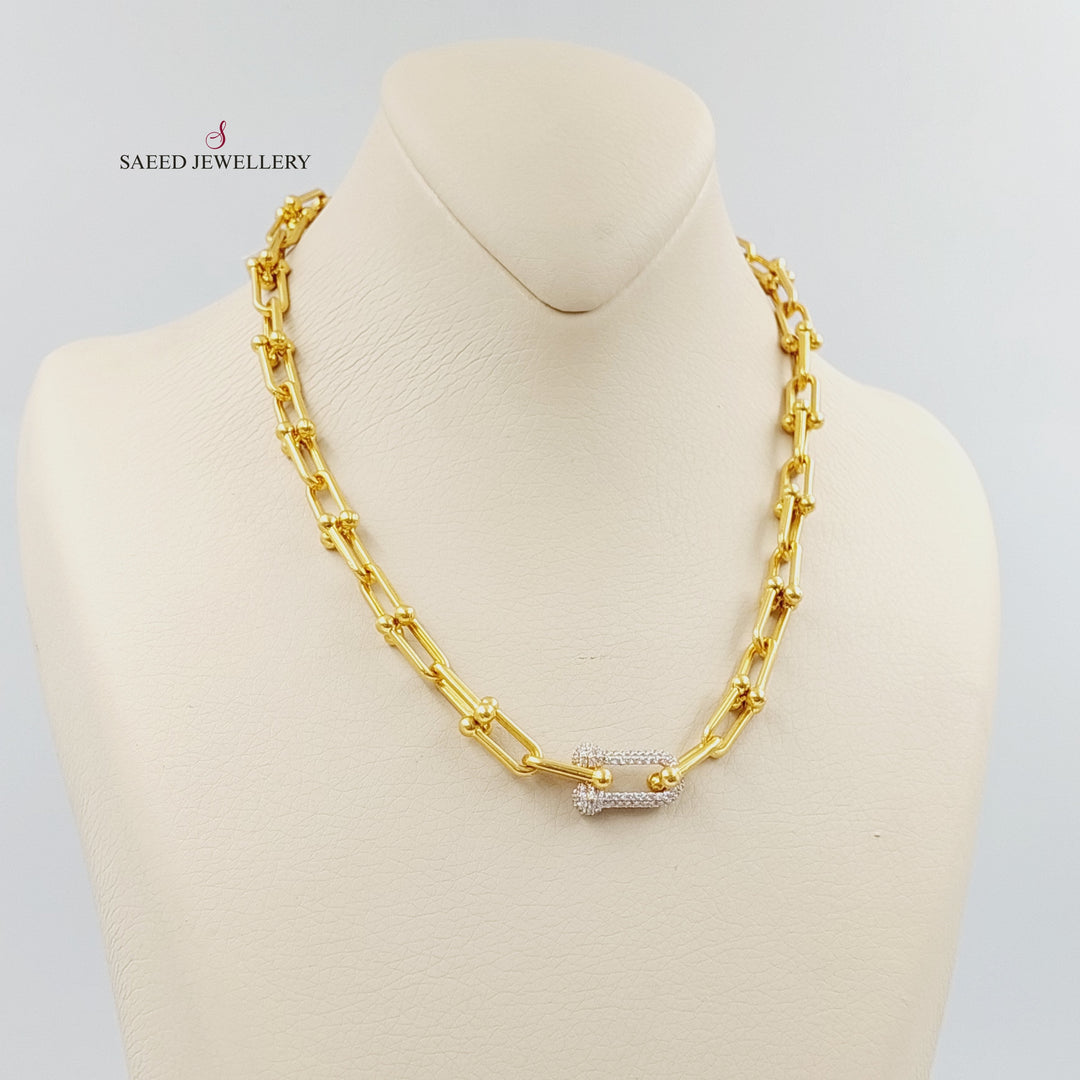 Zircon Studded Paperclip Necklace Made of 21K Gold by Saeed Jewelry 