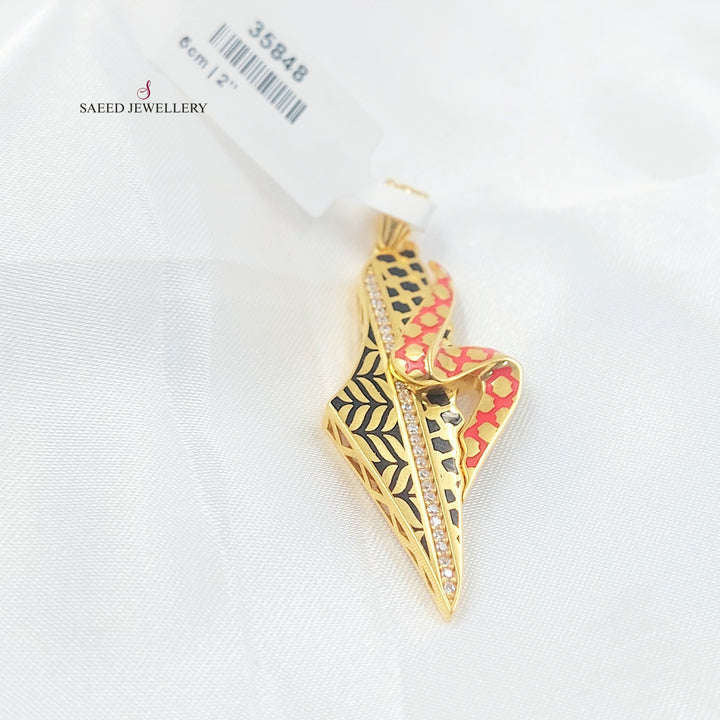 Enameled & Zircon Studded Palestine Pendant Made of 21K Gold by Saeed Jewelry 