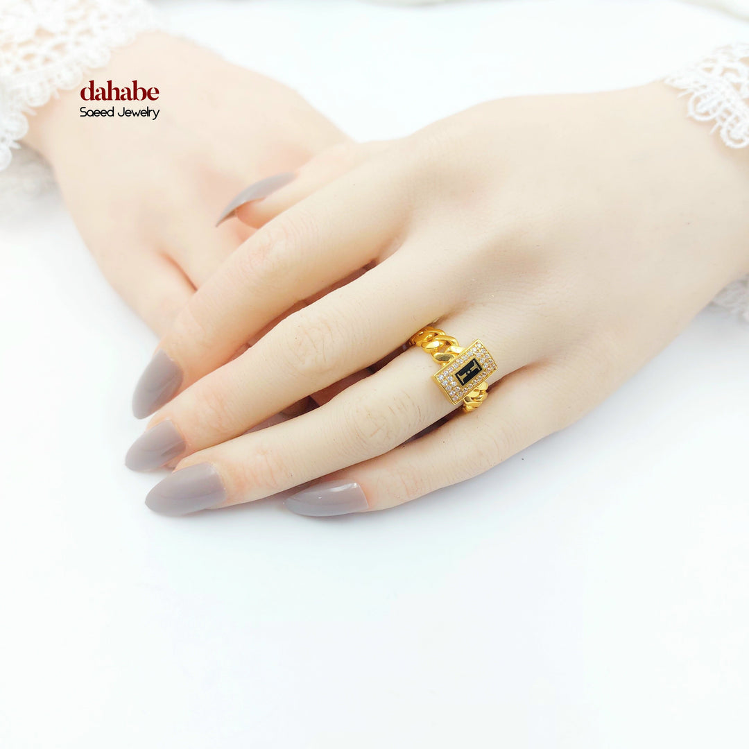 21K Gold Black Enameled Cuban Link Ring