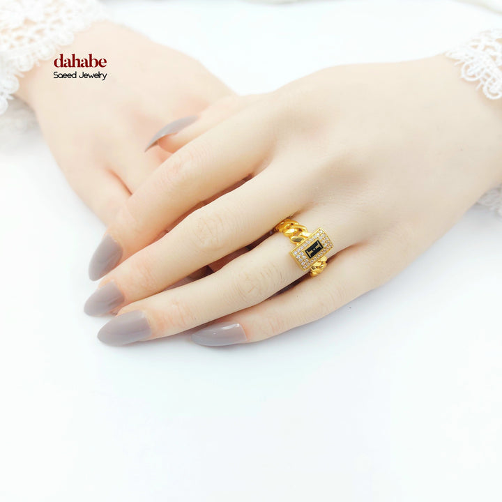 21K Gold Black Enameled Cuban Link Ring