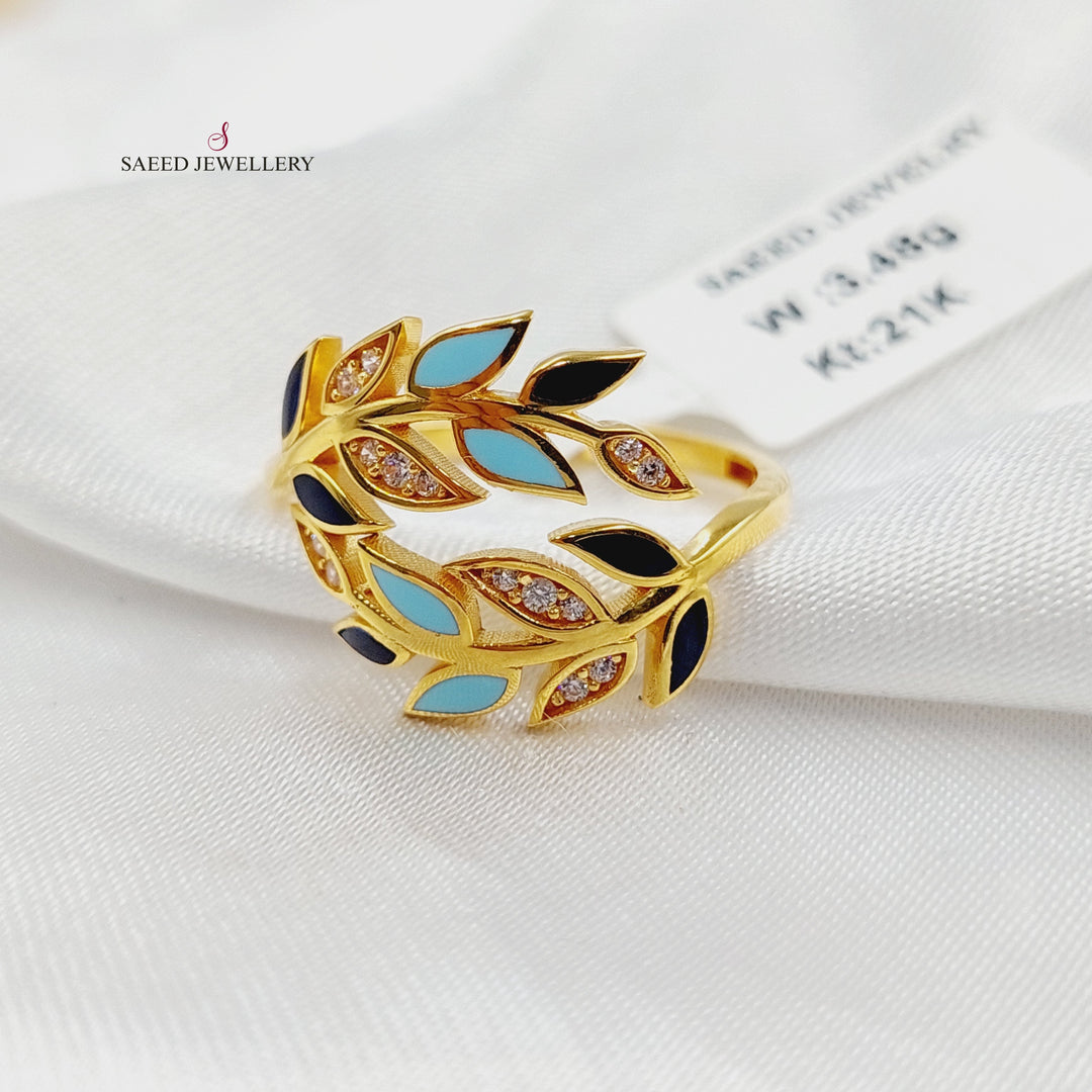 Enameled & Zircon Studded Leaf Ring Made of 21K Gold by Saeed Jewelry 