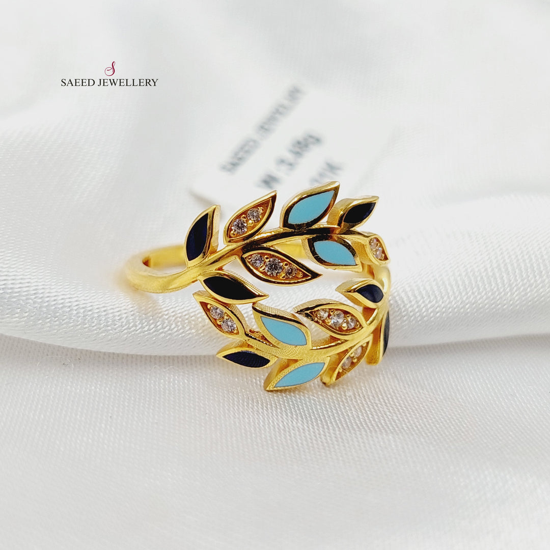 Enameled & Zircon Studded Leaf Ring Made of 21K Gold by Saeed Jewelry 