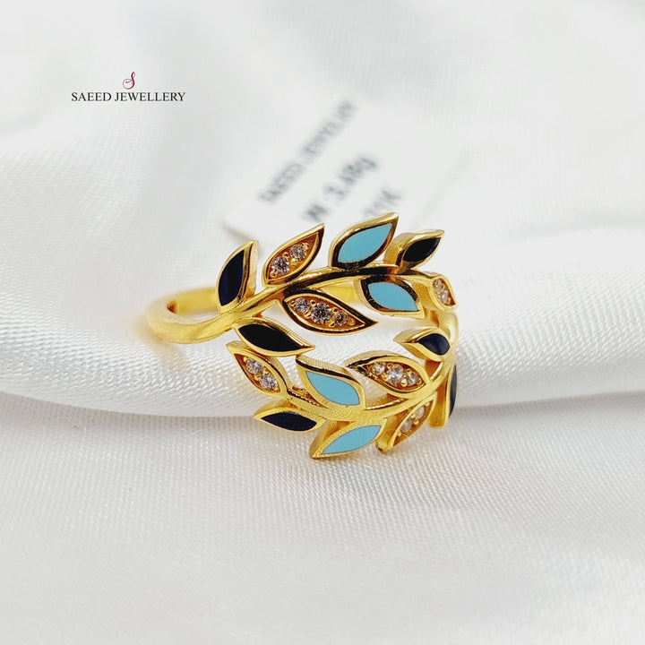 Enameled & Zircon Studded Leaf Ring Made of 21K Gold by Saeed Jewelry 