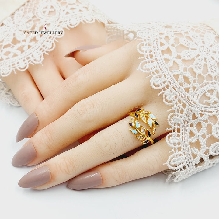 Enameled & Zircon Studded Leaf Ring Made of 21K Gold by Saeed Jewelry 