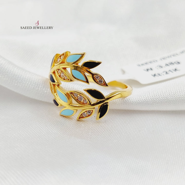 Enameled & Zircon Studded Leaf Ring Made of 21K Gold by Saeed Jewelry 