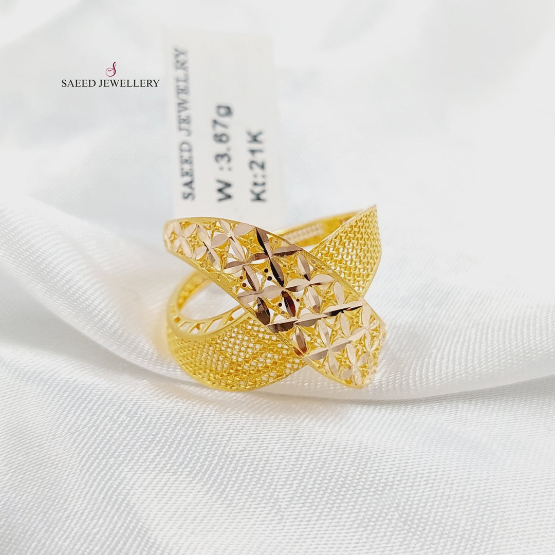 21K Gold X Style Engraved Ring by Saeed Jewelry - Image 1