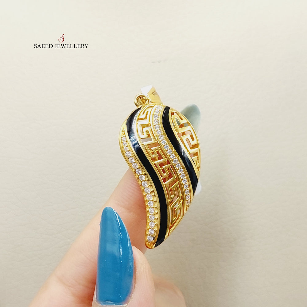21K Gold Enameled & Zircon Studded Almond Pendant by Saeed Jewelry - Image 2