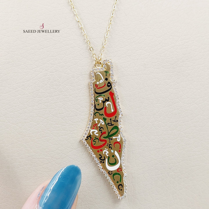 18K Gold Enameled & Zircon Studded Palestine Necklace by Saeed Jewelry - Image 2