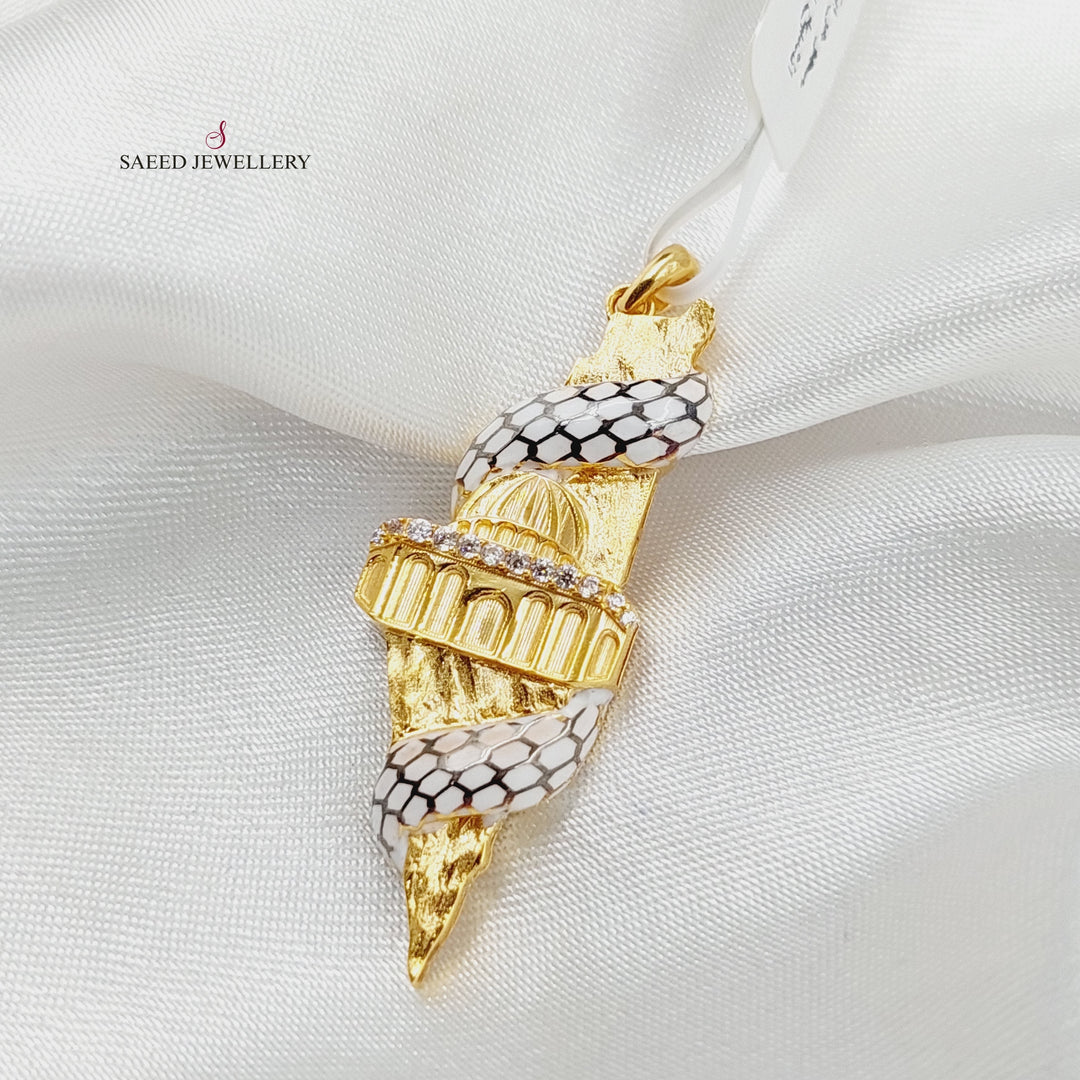 Enameled &amp; Zircon Studded Palestine Pendant  Made Of 21K Yellow Gold by Saeed Jewelry-29305