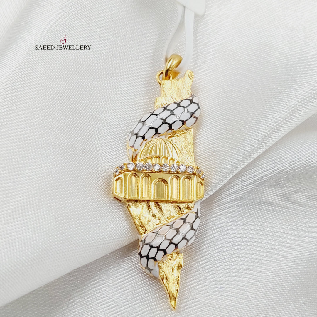Enameled &amp; Zircon Studded Palestine Pendant  Made Of 21K Yellow Gold by Saeed Jewelry-29305