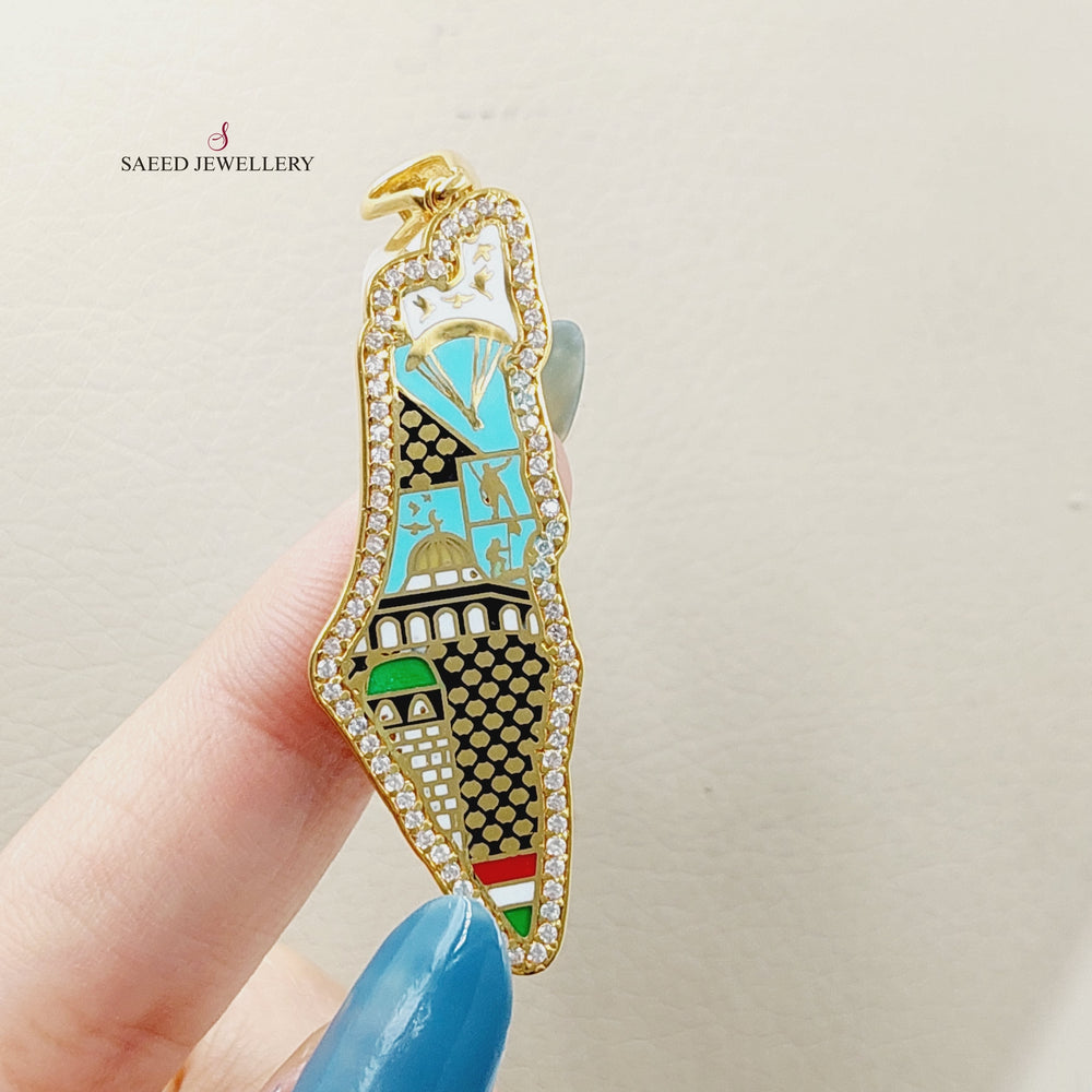 21K Gold Enameled & Zircon Studded Palestine Pendant by Saeed Jewelry - Image 2