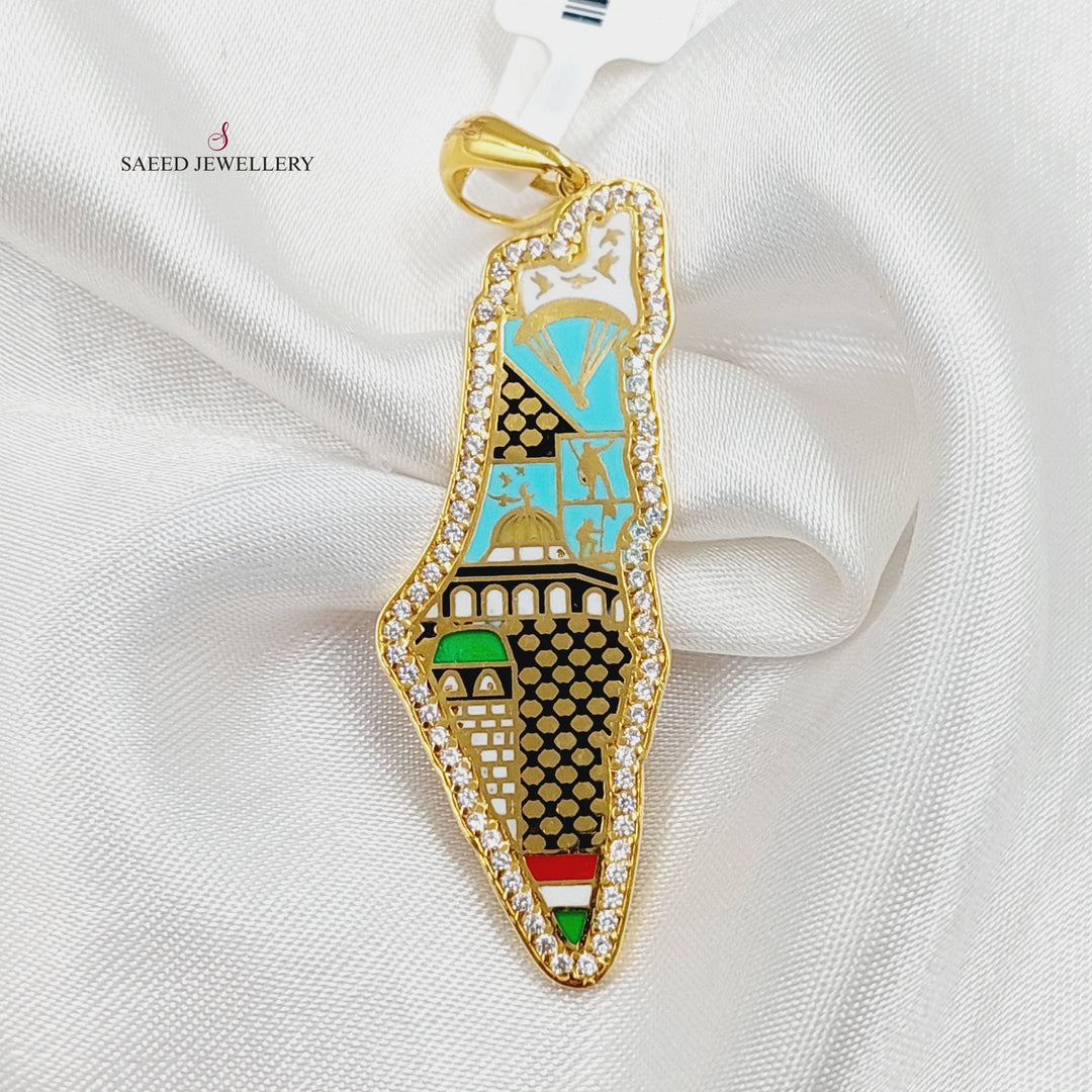 21K Gold Enameled & Zircon Studded Palestine Pendant by Saeed Jewelry - Image 1