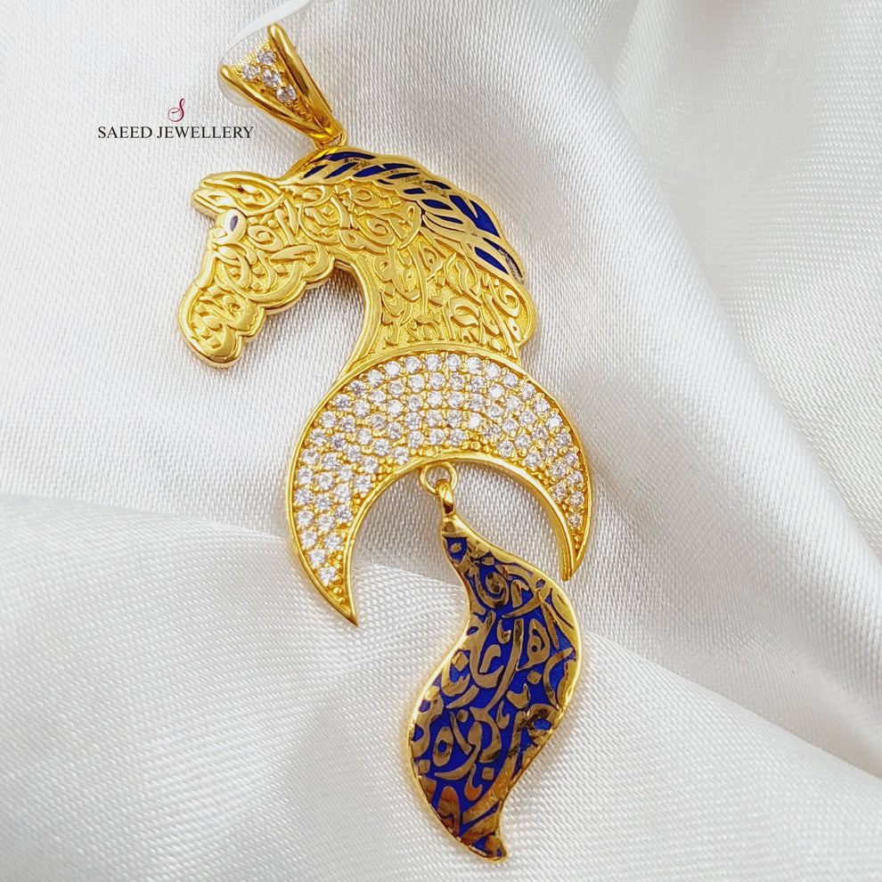 Enameled &amp; Zirconed Horse Pendant Made Of 21K Yellow Gold by Saeed Jewelry-28431