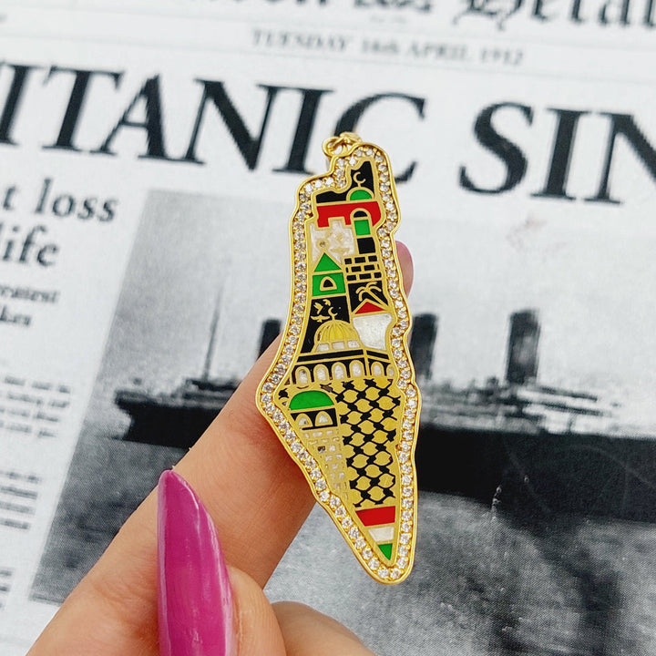 21K Gold Enameled & Zircon Studded Palestine Pendant by Saeed Jewelry - Image 2