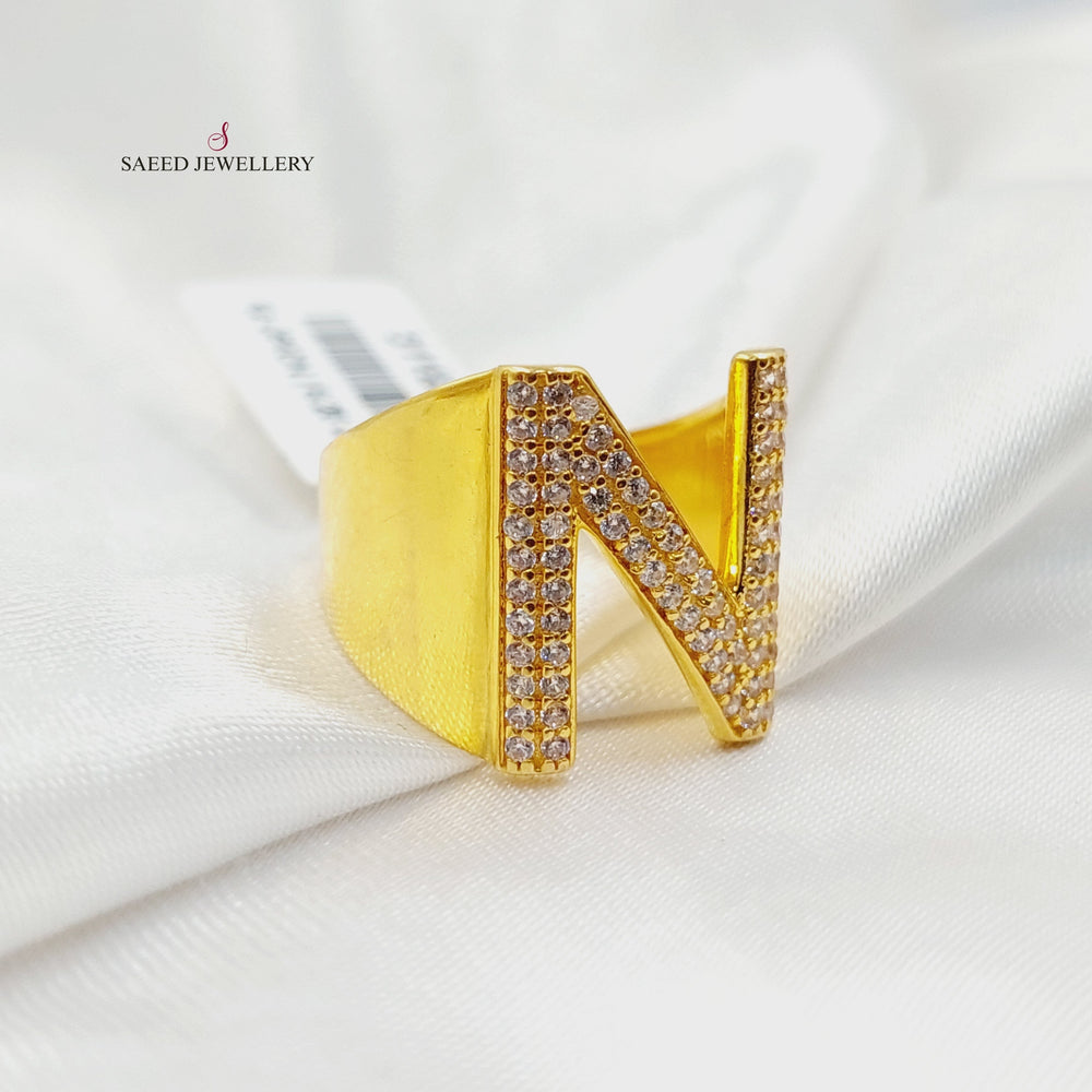 21K Gold Zircon Studded N Letter Ring by Saeed Jewelry - Image 2