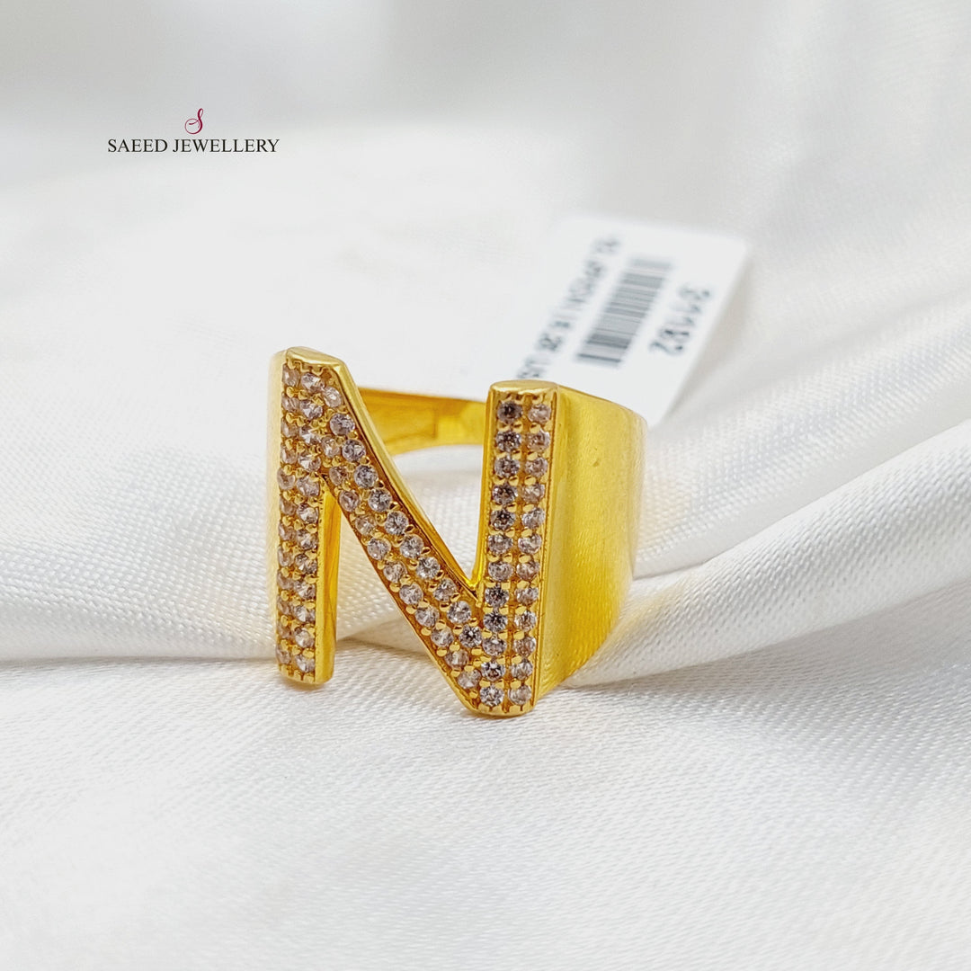 21K Gold Zircon Studded N Letter Ring by Saeed Jewelry - Image 1