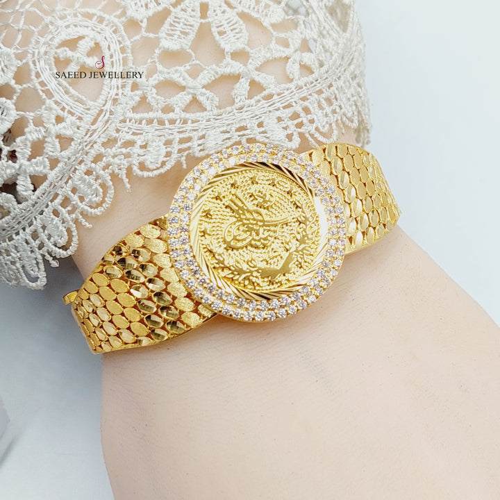 21K Gold Zircon Studded Rashadi Bangle Bracelet by Saeed Jewelry - Image 3