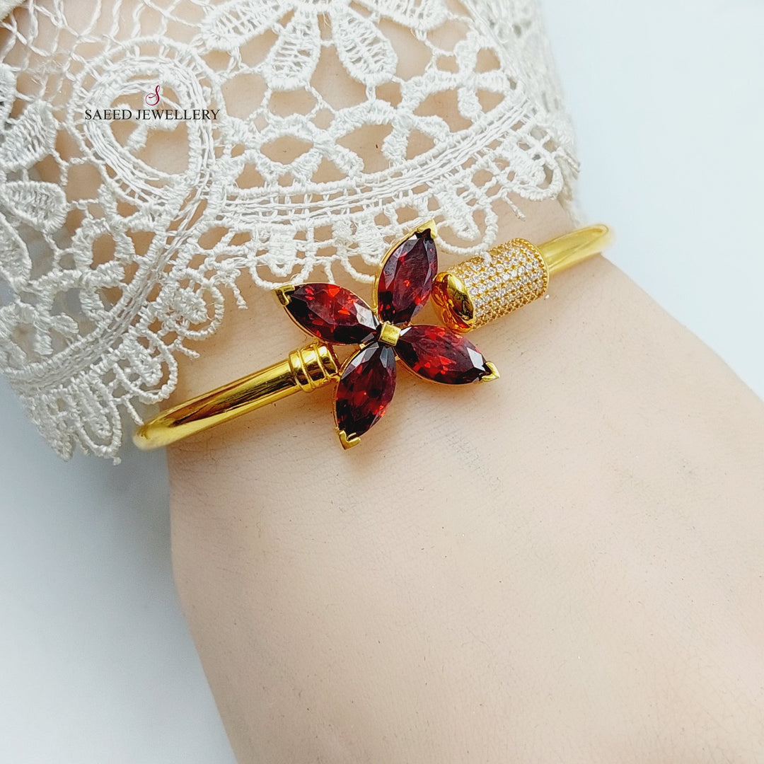 21K Gold Zircon Studded Clover Bangle Bracelet by Saeed Jewelry - Image 2