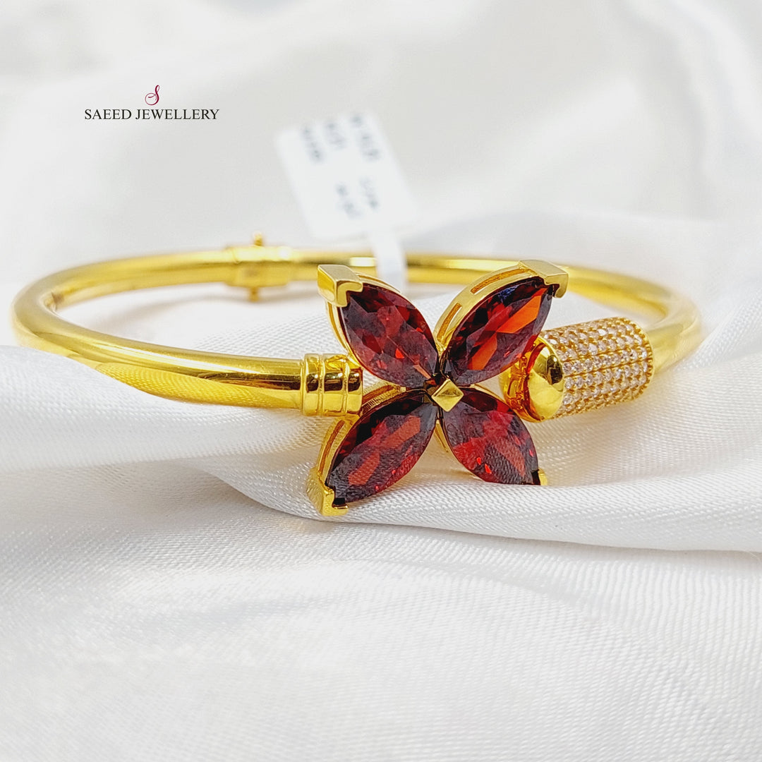 21K Gold Zircon Studded Clover Bangle Bracelet by Saeed Jewelry - Image 3