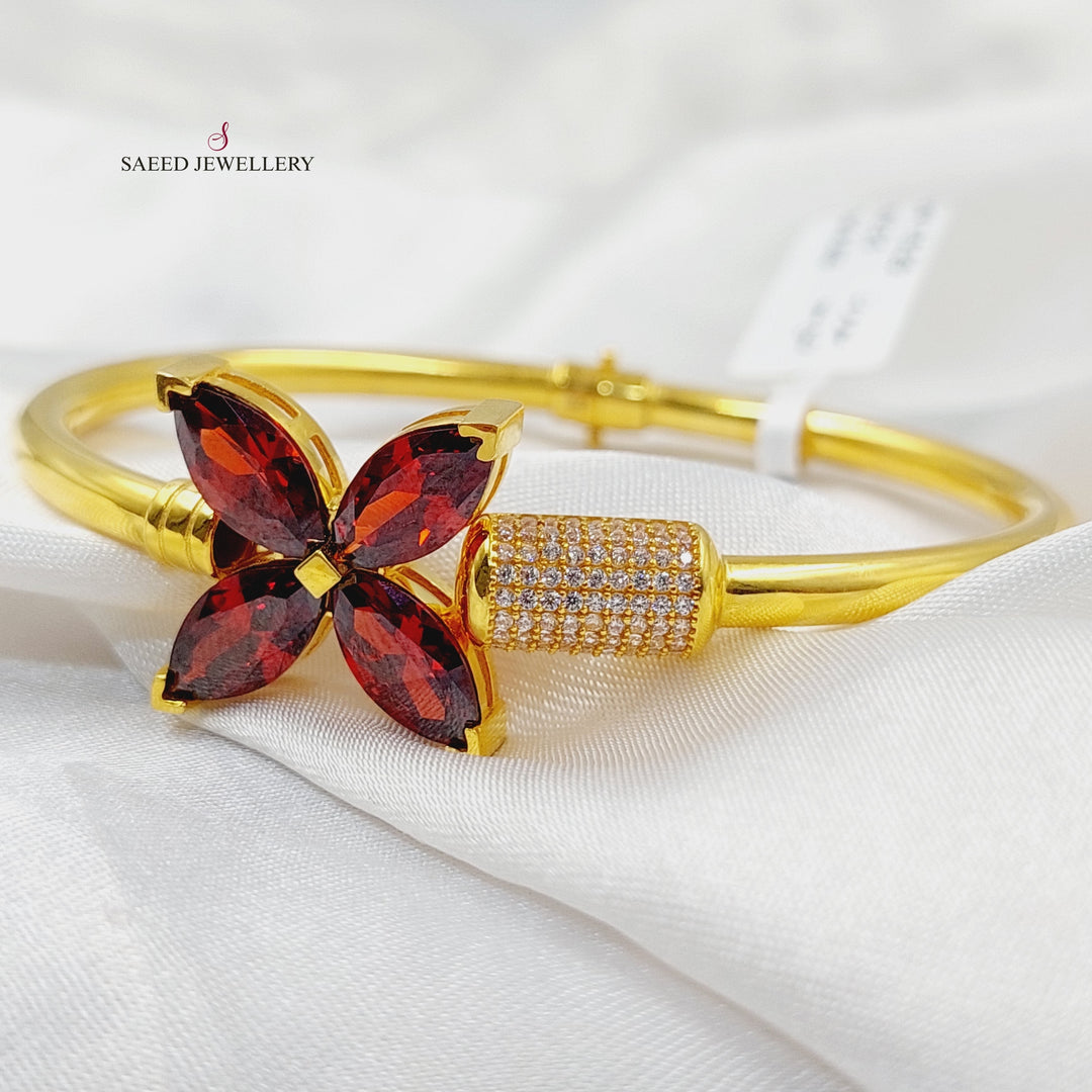 21K Gold Zircon Studded Clover Bangle Bracelet by Saeed Jewelry - Image 4