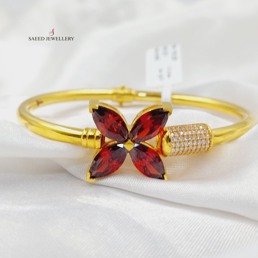 21K Gold Zircon Studded Clover Bangle Bracelet by Saeed Jewelry - Image 5